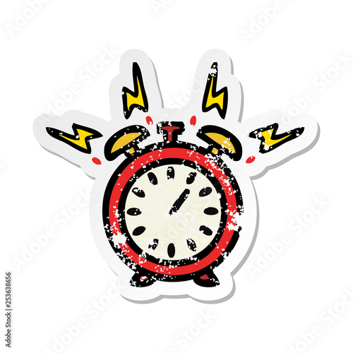 distressed sticker of a cute cartoon ringing alarm clock