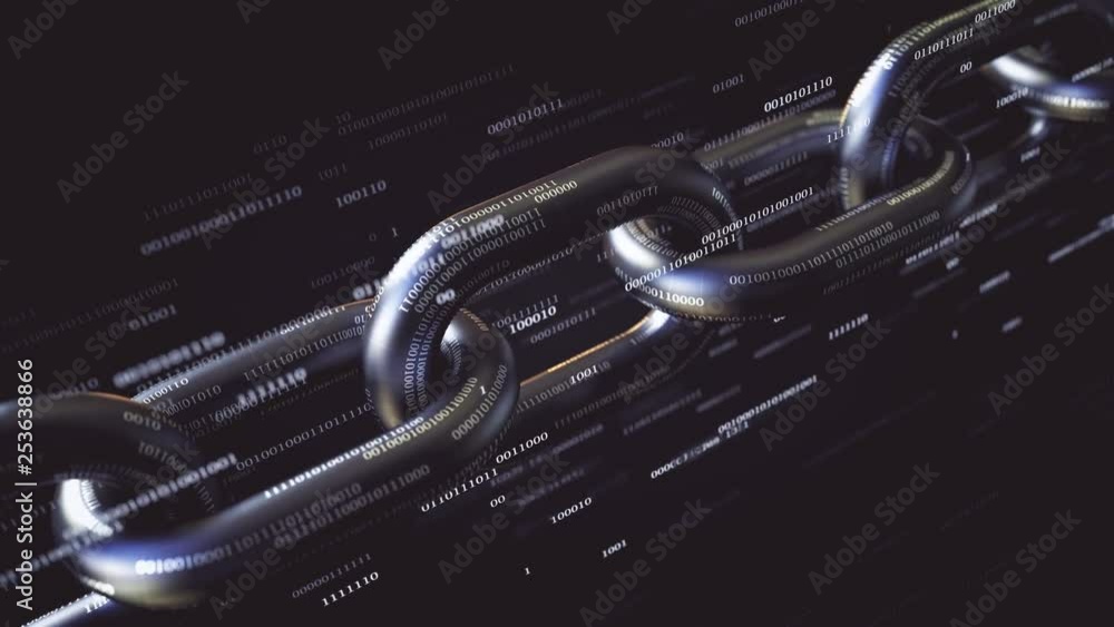 Chain links and flying binary numbers. Blockchain technology related ...