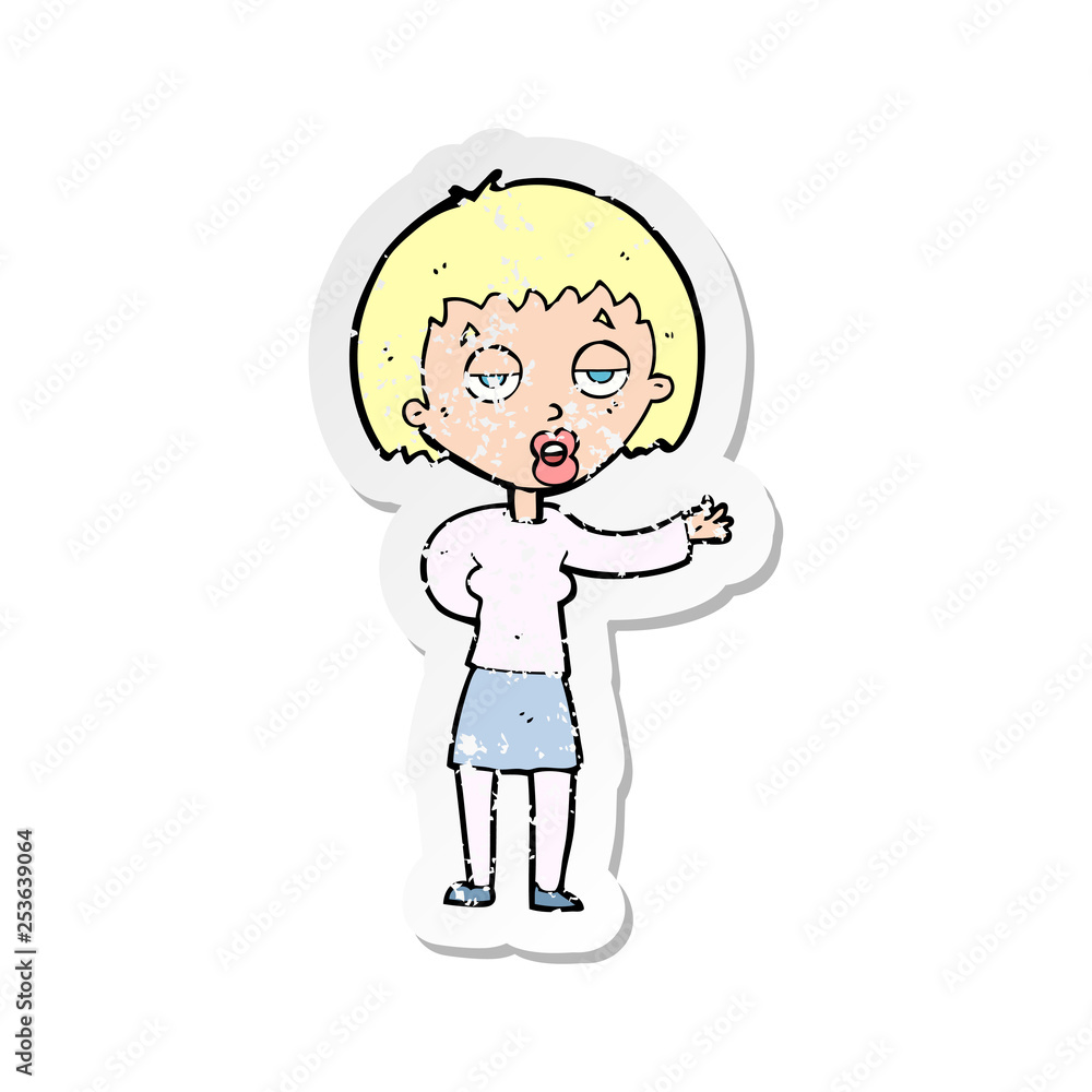 retro distressed sticker of a cartoon bored woman retro distressed sticker of a cartoon bored woman