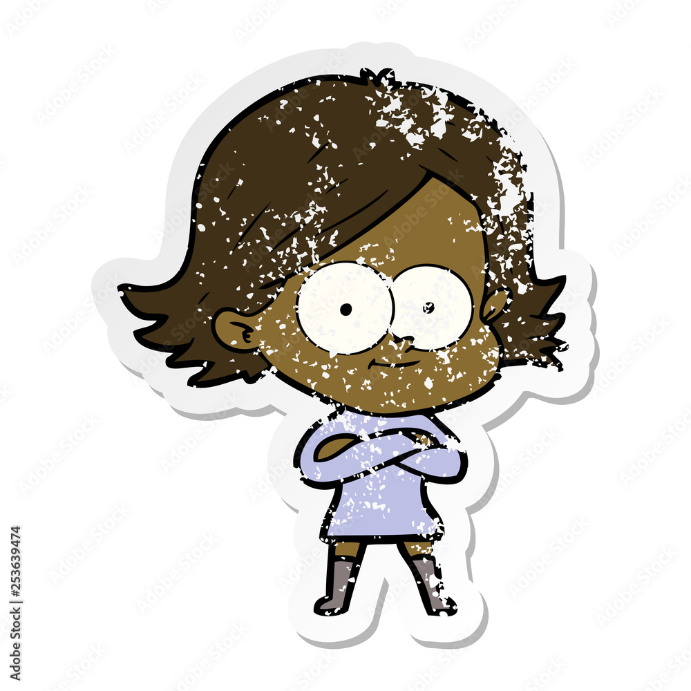 distressed sticker of a happy cartoon girl distressed sticker of a happy cartoon girl