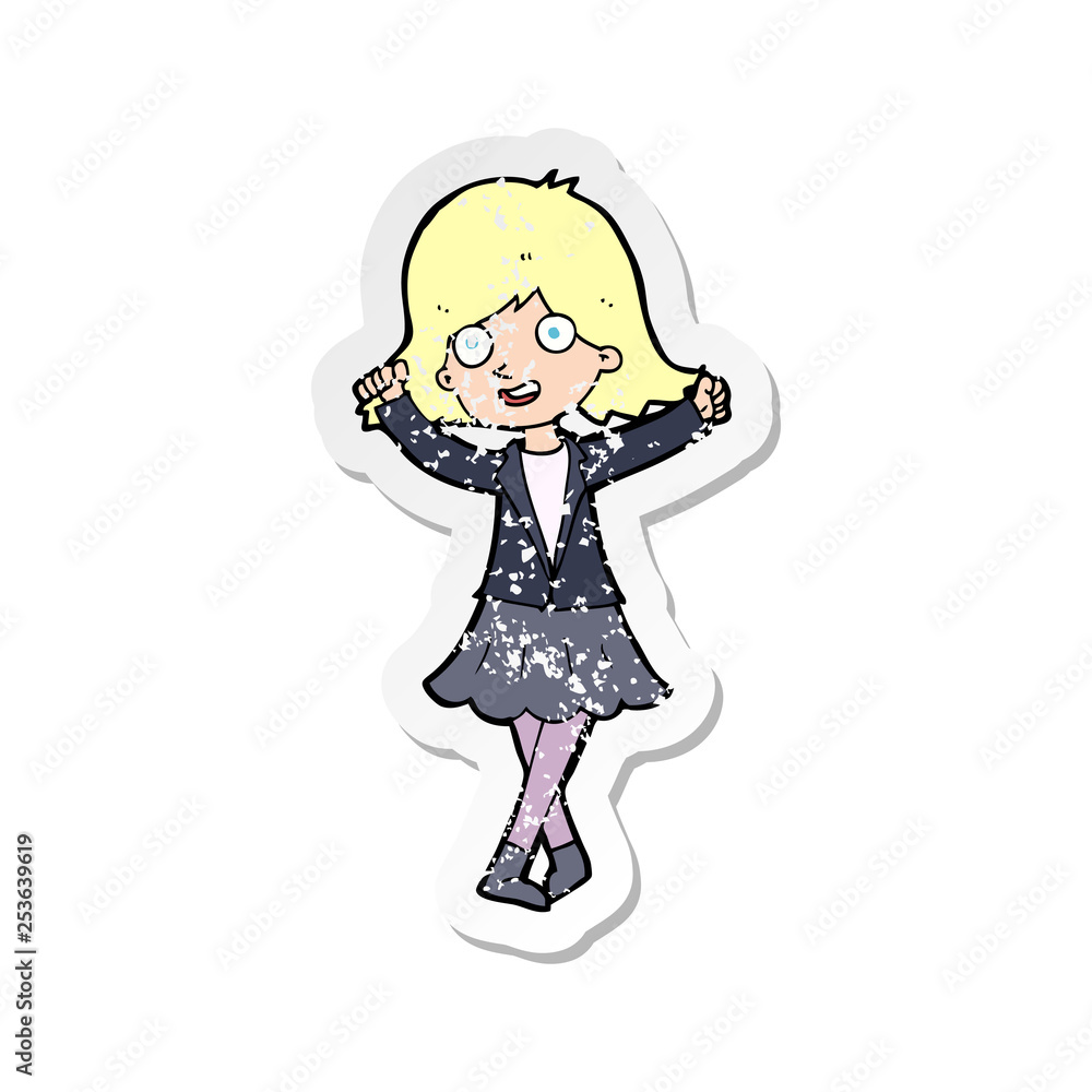 retro distressed sticker of a cartoon happy girl retro distressed sticker of a cartoon happy girl