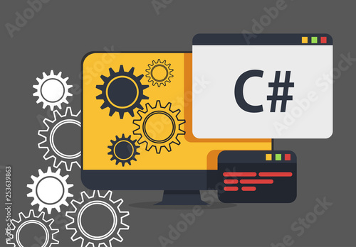 pc monitor with gears and  c# or c sharp programing languag pop up