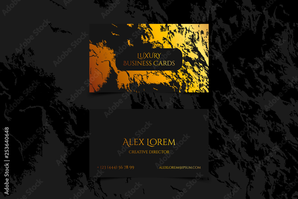 Fototapeta premium Luxury business card with marble texture and gold detail vector template, banner or invitation with golden foil on black background. Branding and identity graphic design
