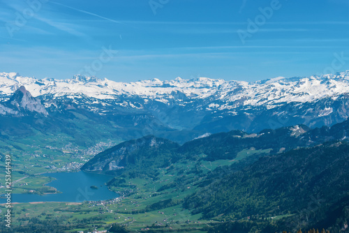 Beautiful spring panoramic view of snow-capped mountains in the Swiss Alps.