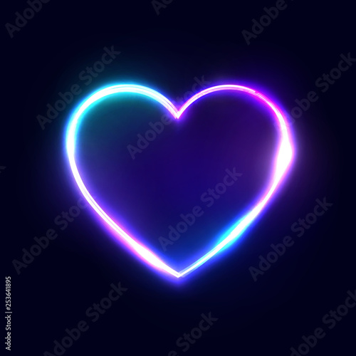 Neon 80s style heart vector abstract background on dark blue backdrop. Bright electric technology frame. Romantic love logo concept. Blank text space. Illuminated signboard. Color vector illustration.