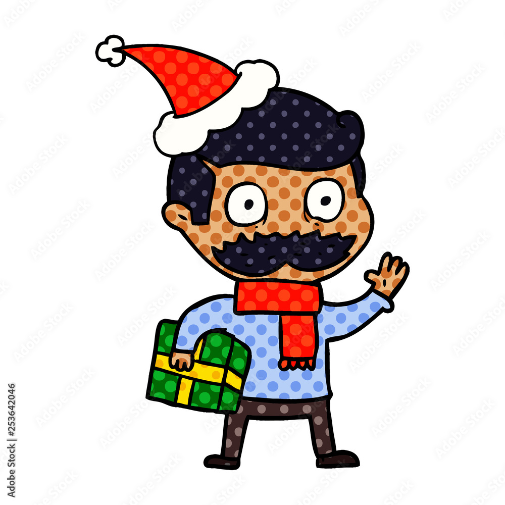 comic book style illustration of a man with mustache and christmas present wearing santa hat comic book style illustration of a man with mustache and christmas present wearing santa hat
