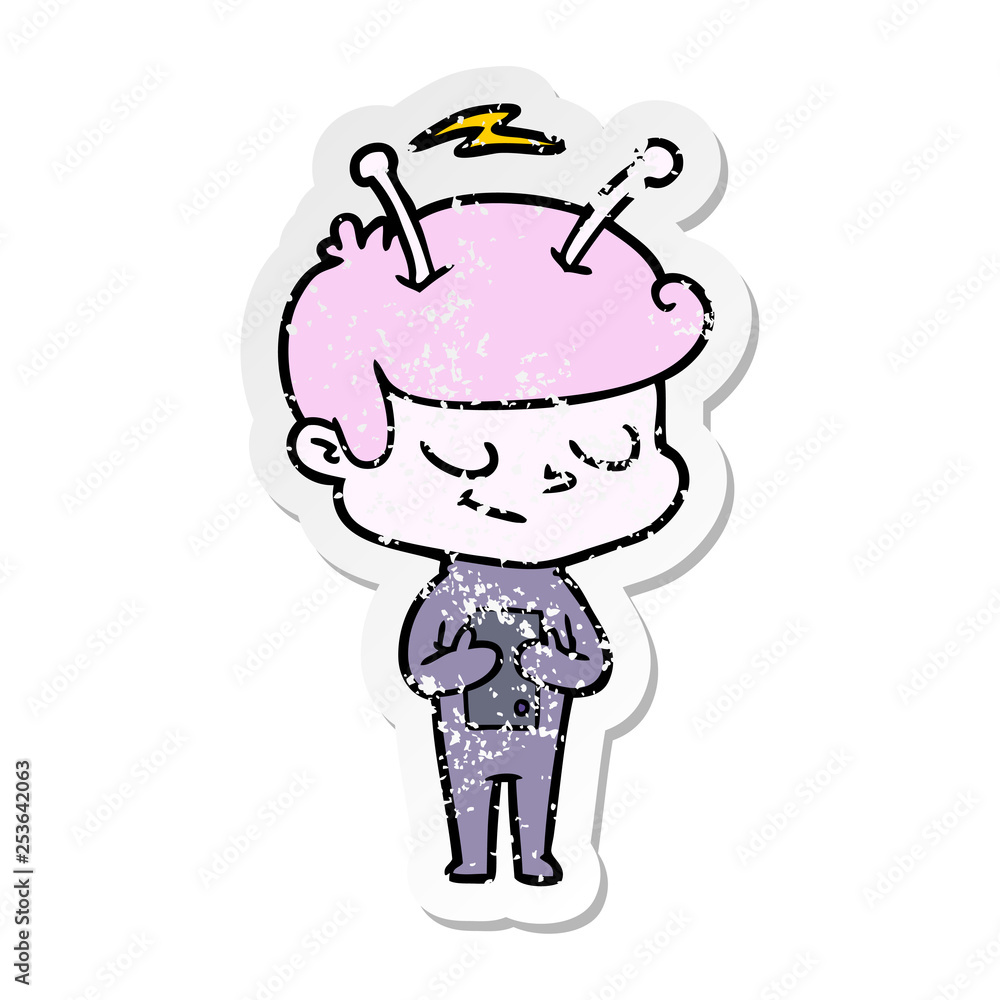 distressed sticker of a friendly cartoon spaceman distressed sticker of a friendly cartoon spaceman
