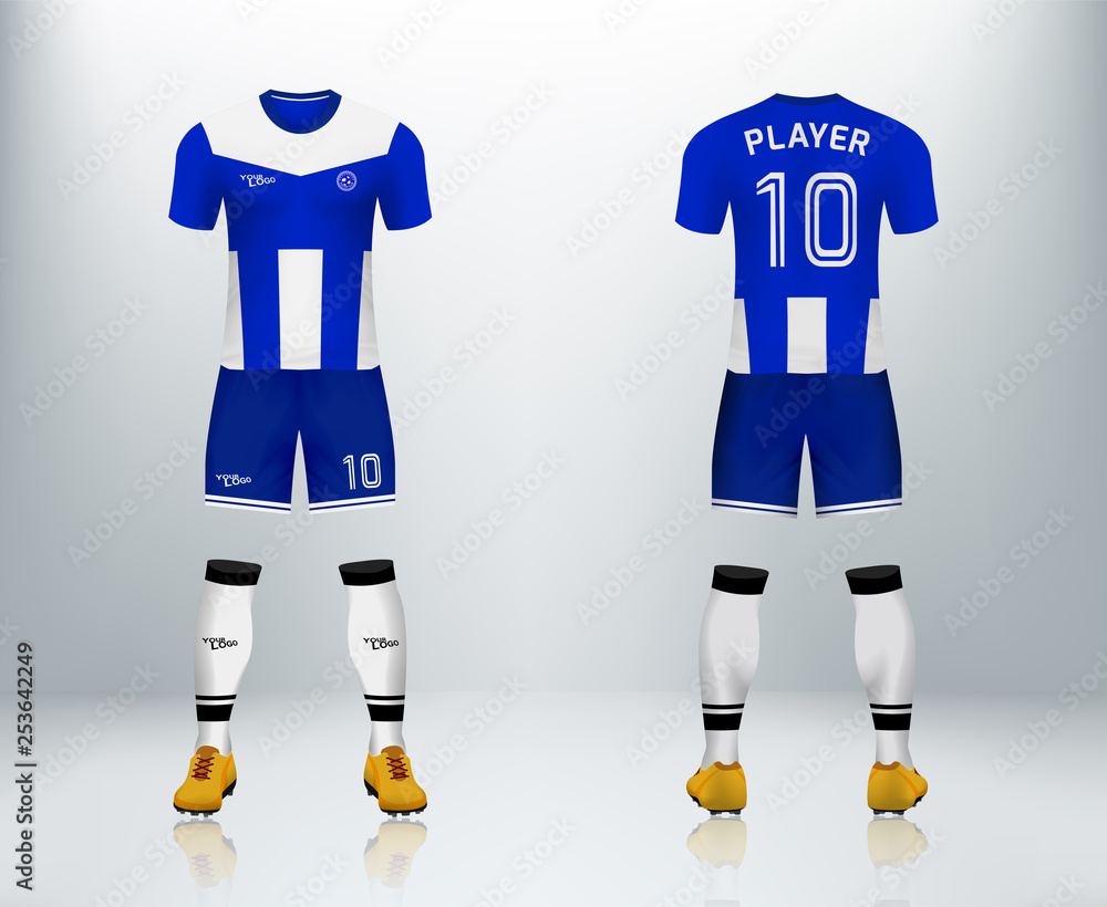 3D realistic mock up of front and back of blue and white soccer jersey t- shirt