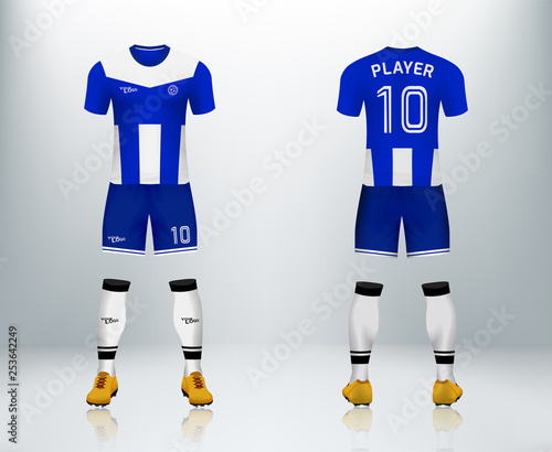 3D realistic mock up of front and back of blue and white soccer jersey t- shirt with pants and socks. Concept for football team uniform or apparel  mockup template in design vector illustration