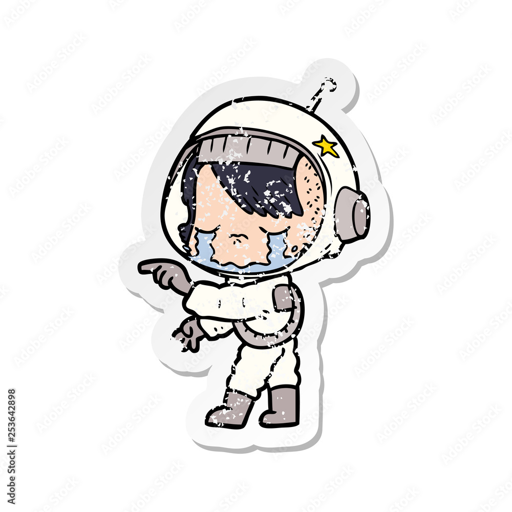 distressed sticker of a cartoon crying astronaut girl distressed sticker of a cartoon crying astronaut girl