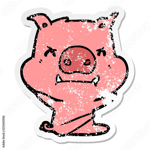 distressed sticker of a angry cartoon pig throwing tantrum