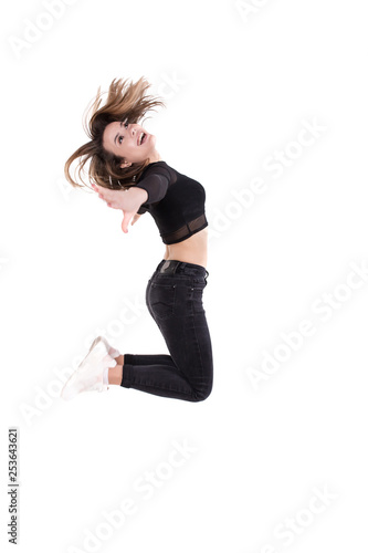Dancer girl jumping on white background isolated