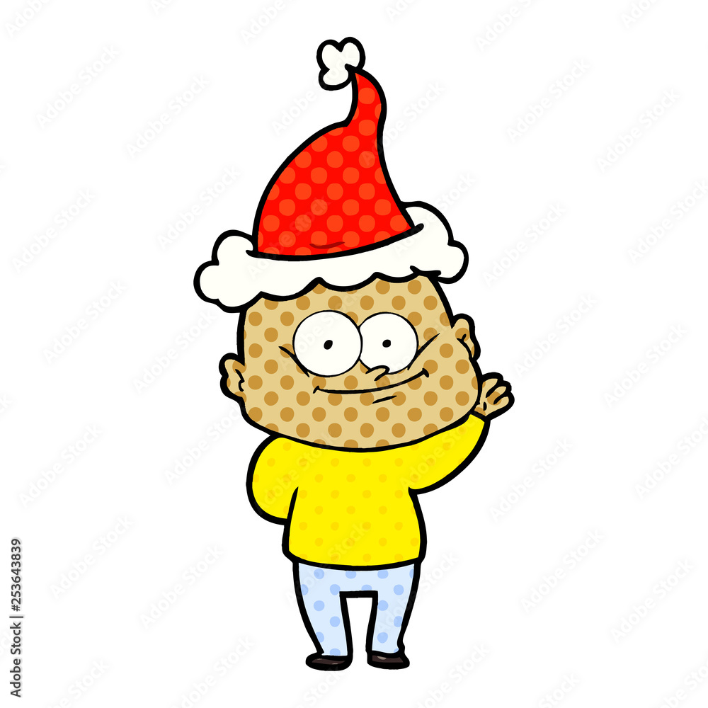 comic book style illustration of a bald man staring wearing santa hat comic book style illustration of a bald man staring wearing santa hat