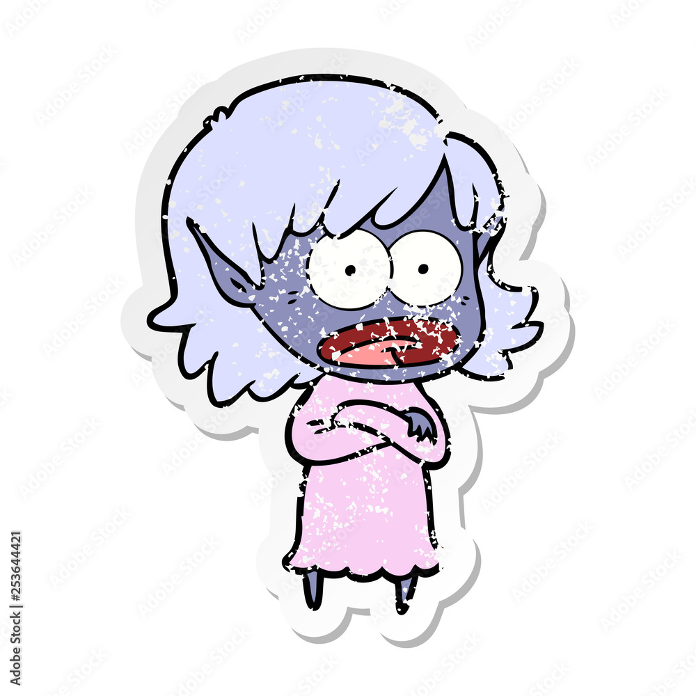 distressed sticker of a cartoon shocked elf girl distressed sticker of a cartoon shocked elf girl