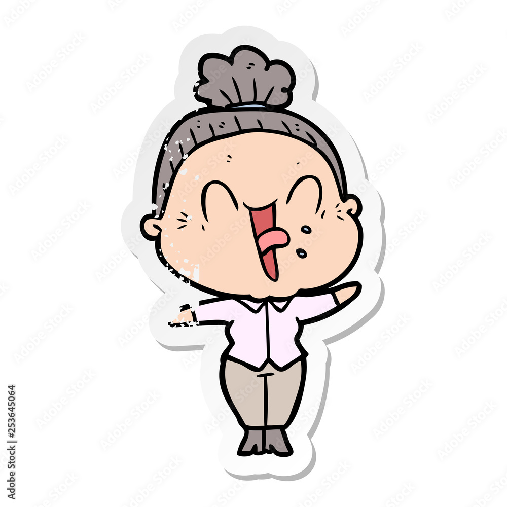 distressed sticker of a cartoon happy old woman