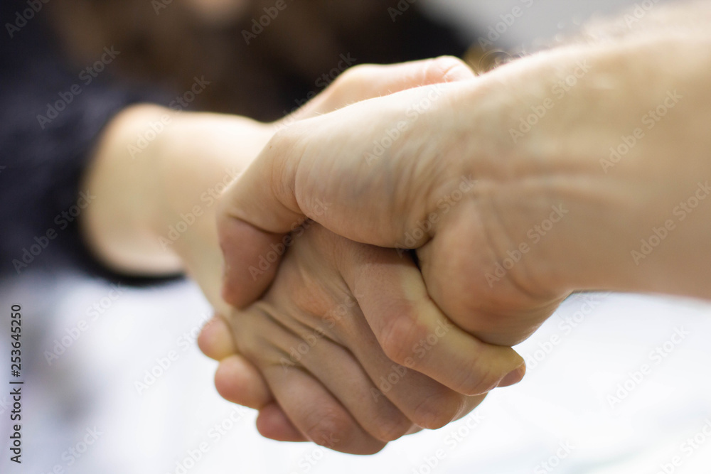 Fototapeta premium Two hands handshaking signing an agreement
