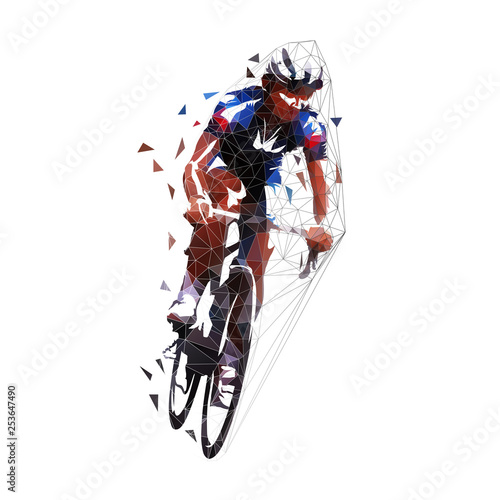 Cycling, low polygonal road cyclist on his bike, geometric vector illustration