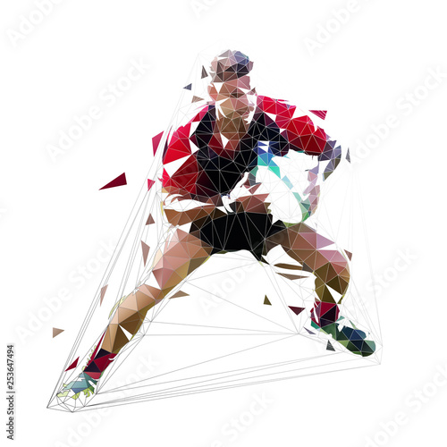 Rugby player running with ball, isolated low polygonal vector illustration