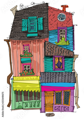 A patchwork style colorful facade of vintage house. Cartoon. Caricature.