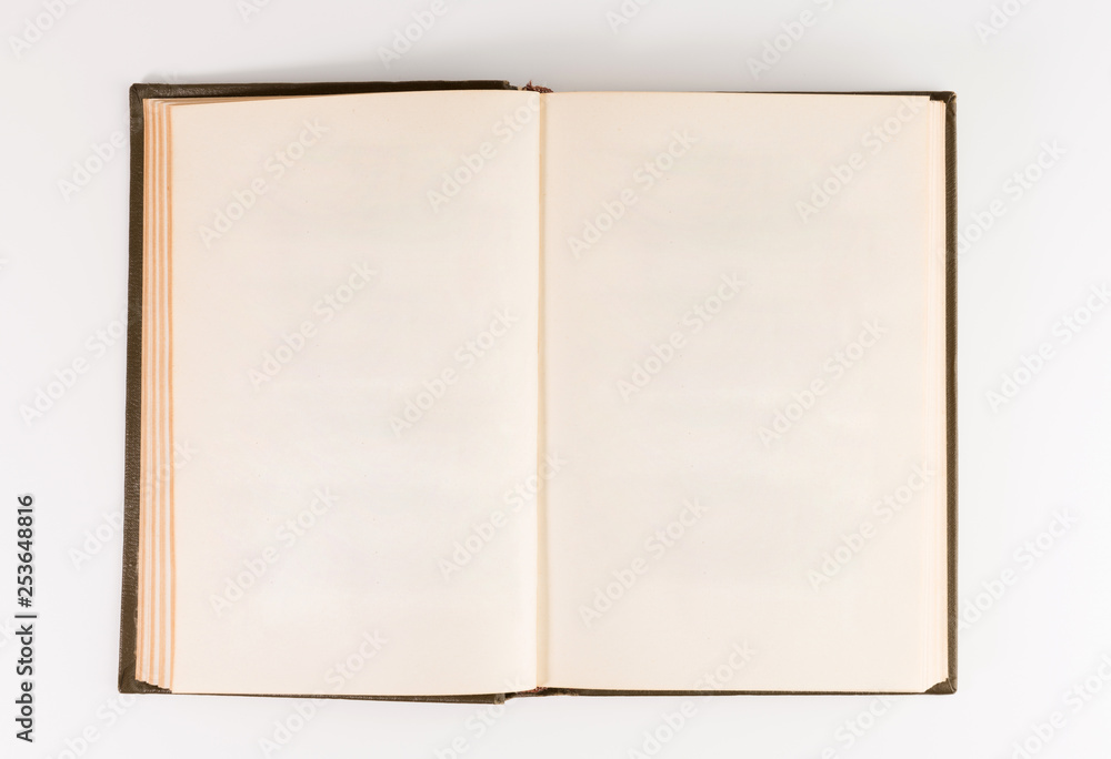 Blank open book isolated, top front view. brown hardcover with black