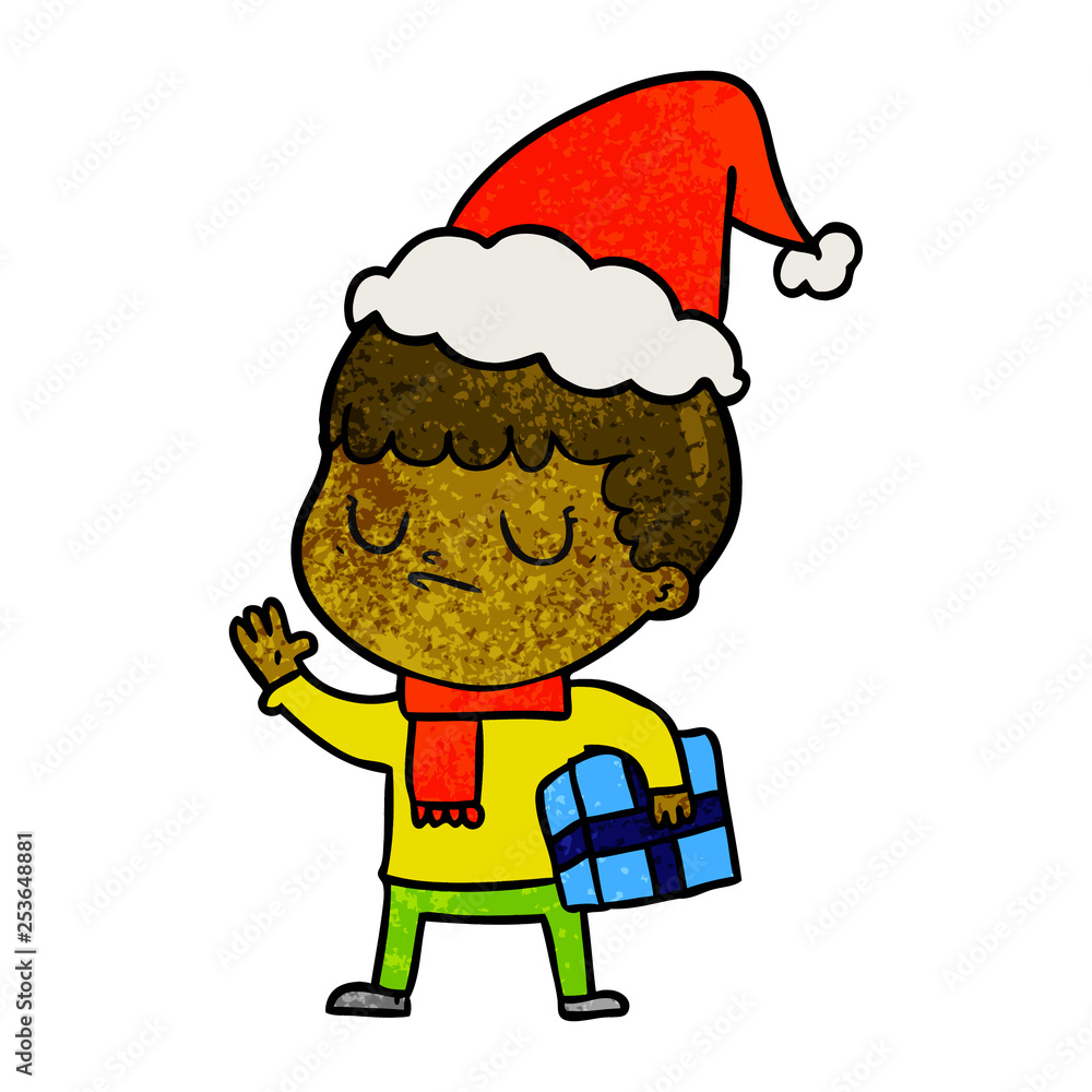 textured cartoon of a grumpy boy wearing santa hat