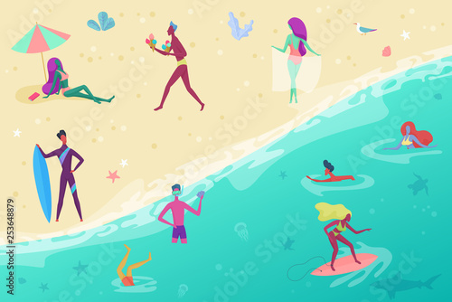 People on the sand sea beach. People surfing, swimming, walking, sunbathing and plaing top view. Summertime cartoon vector illustration.
