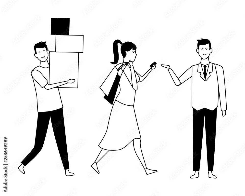 couple with shopping bags and supermarket manager in black and white couple with shopping bags and supermarket manager in black and white