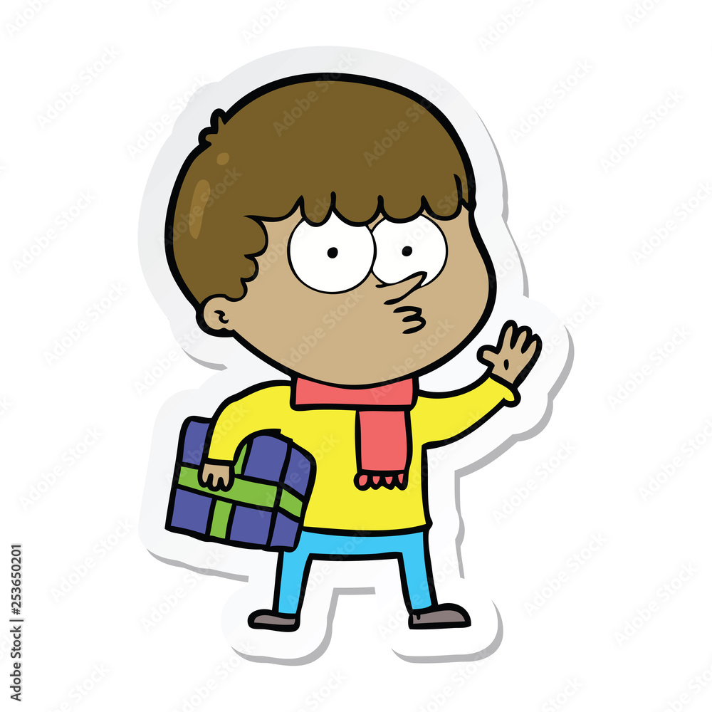sticker of a cartoon curious boy carrying a gift