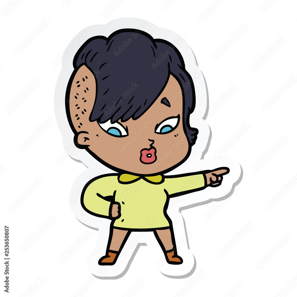 sticker of a cartoon surprised girl pointing sticker of a cartoon surprised girl pointing