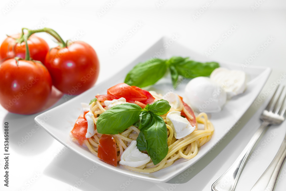 Spaghetti with fresh tomatoes, basil, mozzarella and some oregano. Spaghetti with fresh tomatoes, basil, mozzarella and some oregano.