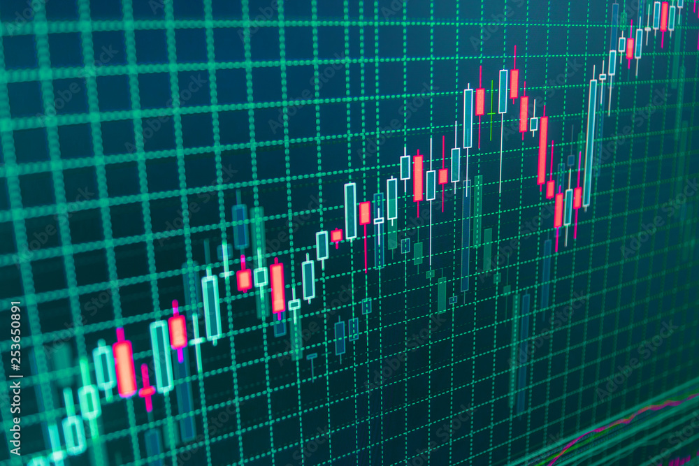 Big data on LED panel. Live stock trading online. Analysing stock market  data on a monitor. Stock market chart, graph on blue background. Stock  trade live. Stock market concept and background. Stock