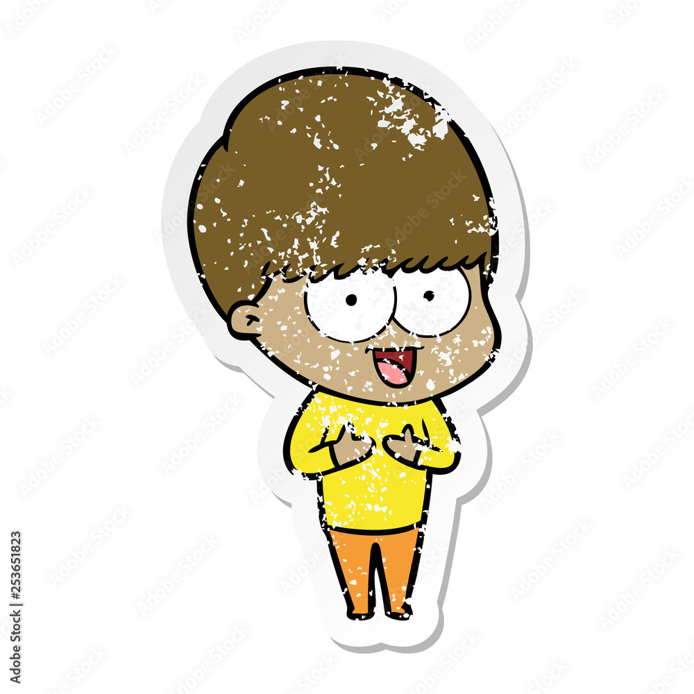 distressed sticker of a happy cartoon boy distressed sticker of a happy cartoon boy