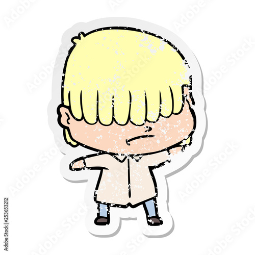 distressed sticker of a cartoon boy with untidy hair