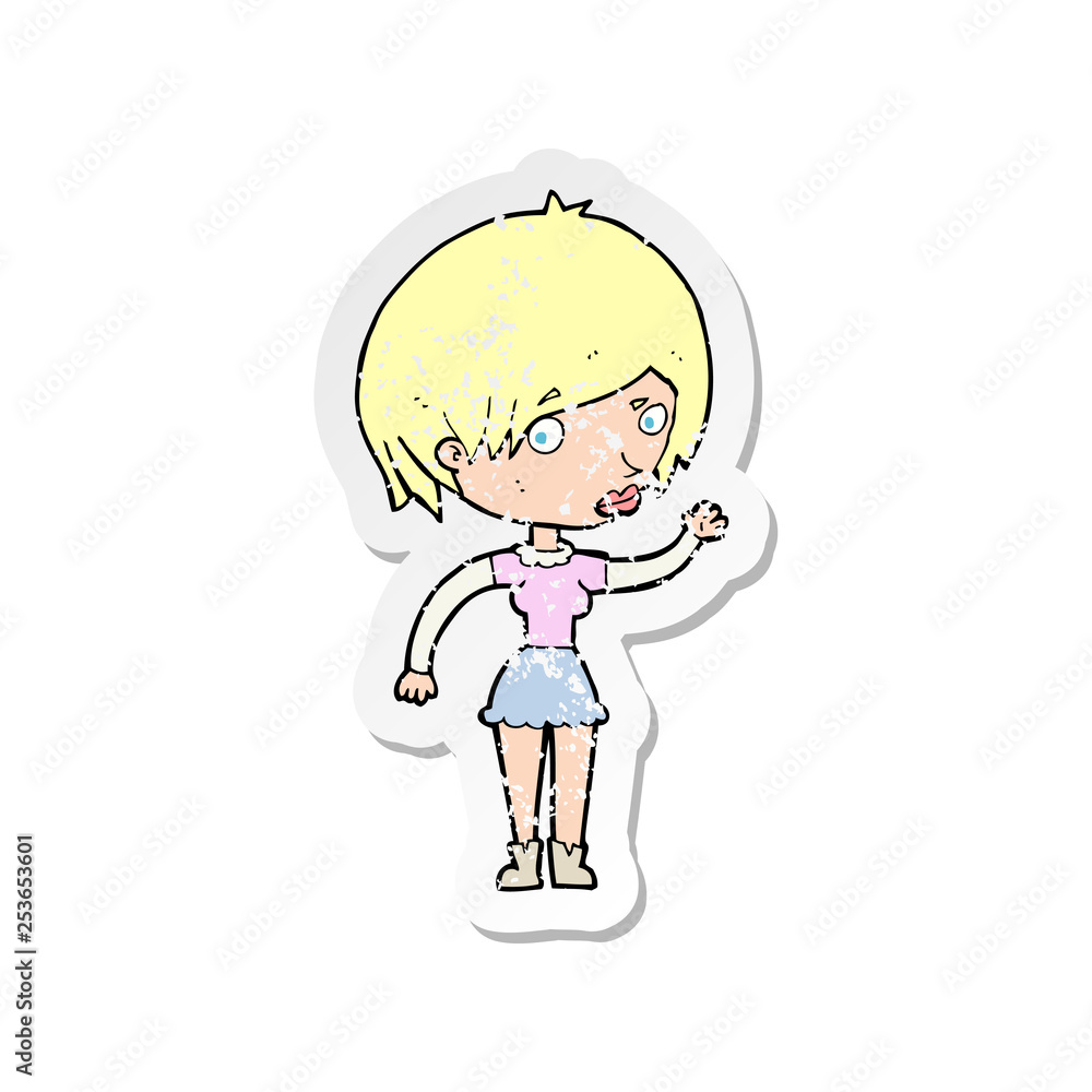 retro distressed sticker of a cartoon waving woman retro distressed sticker of a cartoon waving woman