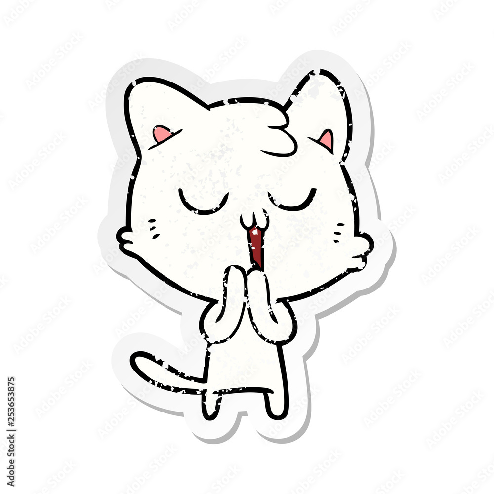 distressed sticker of a cartoon cat singing distressed sticker of a cartoon cat singing
