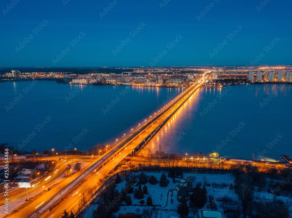 Evening winter Voronezh, Northern bridge, aerial view