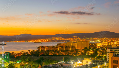 Sunset view of Aqaba gulf in Jordan photo