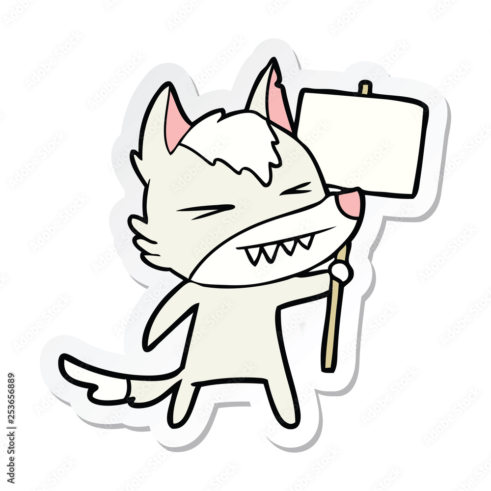 sticker of a angry wolf cartoon with placard sticker of a angry wolf cartoon with placard