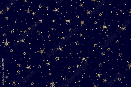 Seamless night sky pattern with shining stars and midnight blue background