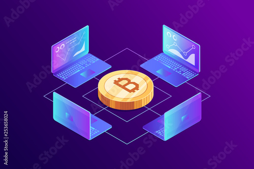Isometric concept of mining bitcoin using laptop