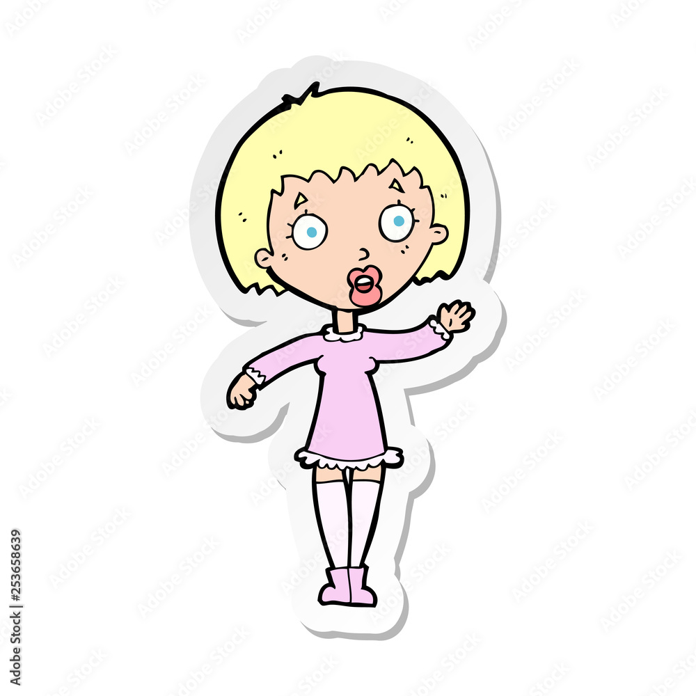 sticker of a cartoon waving woman sticker of a cartoon waving woman