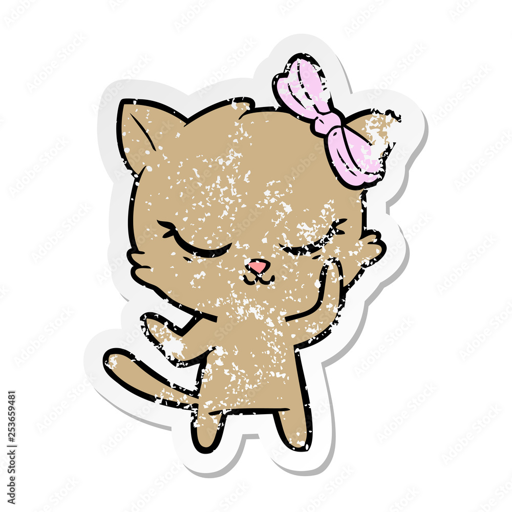 Fototapeta premium distressed sticker of a cute cartoon cat with bow