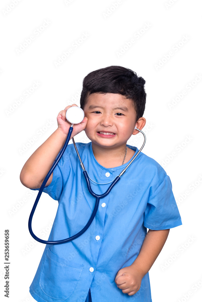 Smiling Asian kid in blue medical uniform holding stethoscope isolated on white with clipping path. Smiling Asian kid in blue medical uniform holding stethoscope isolated on white with clipping path.