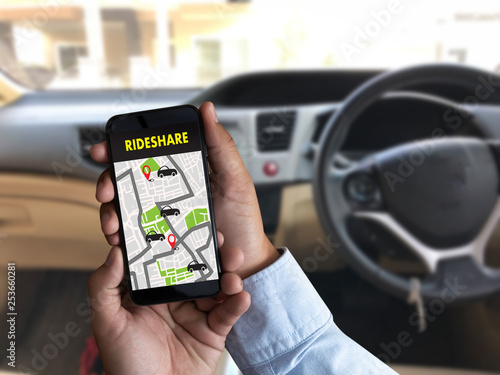Cuadro en lienzo mobile application Ride share taxi service on phone man holding phone