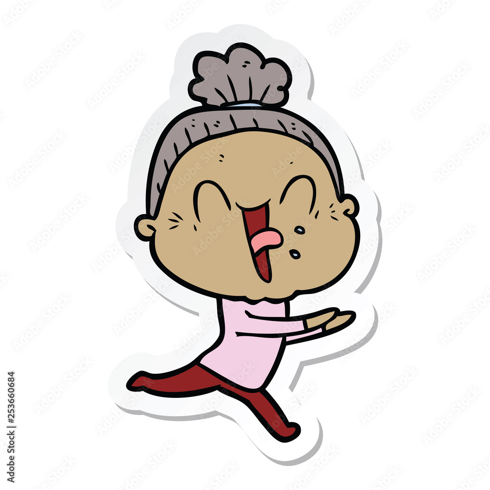 sticker of a cartoon happy old woman sticker of a cartoon happy old woman