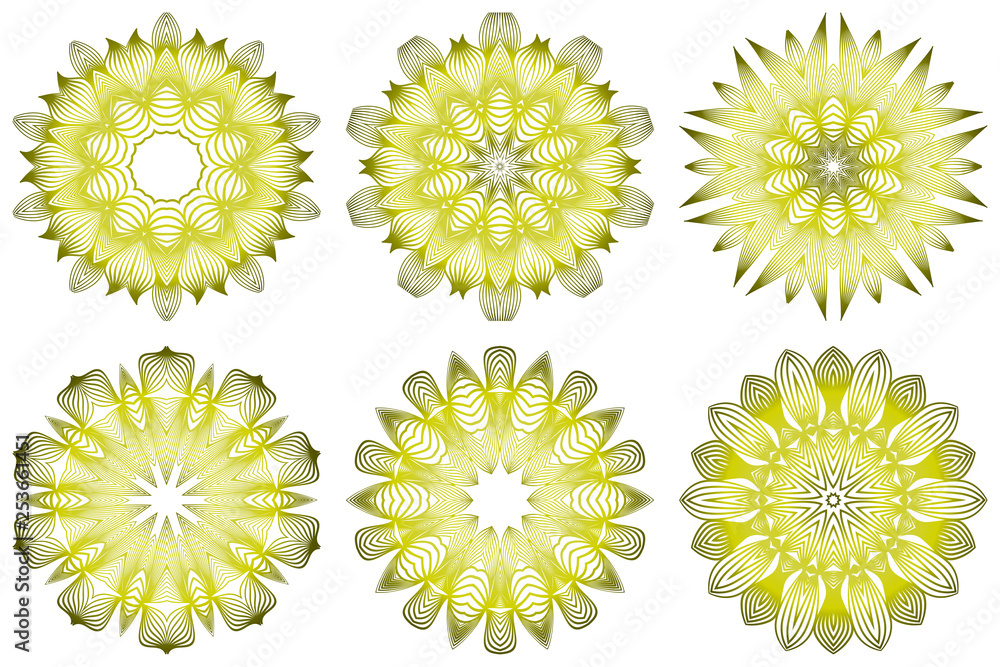 Set of Ornamental Round Lace. Sacred Oriental Mandala. Color Floral Ornament. Modern Decorative Vector Illustraation. Yellow olive color Set of Ornamental Round Lace. Sacred Oriental Mandala. Color Floral Ornament. Modern Decorative Vector Illustraation. Yellow olive color