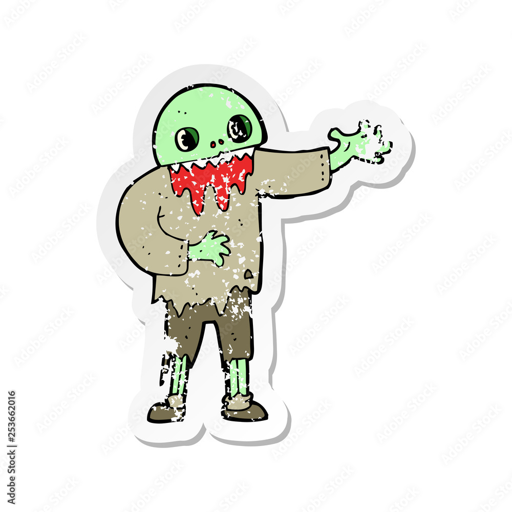 retro distressed sticker of a cartoon spooky zombie
