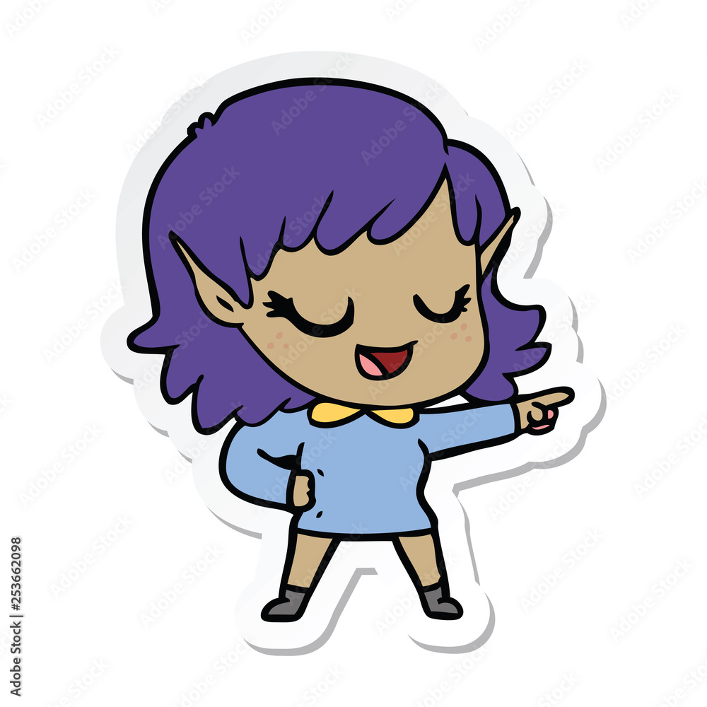 sticker of a happy cartoon elf girl pointing sticker of a happy cartoon elf girl pointing