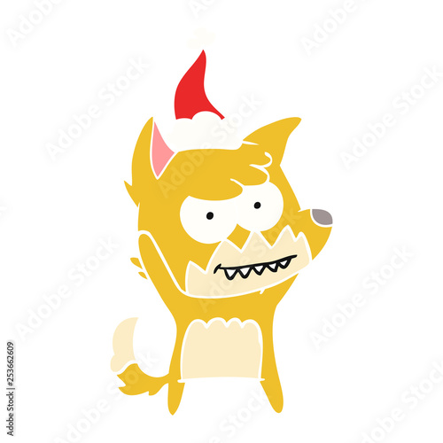 flat color illustration of a grinning fox wearing santa hat