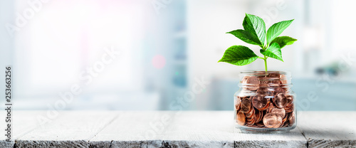 Plant Growing Out Of Coin Jar On Table In Office -  Investing / Business Success Concept
